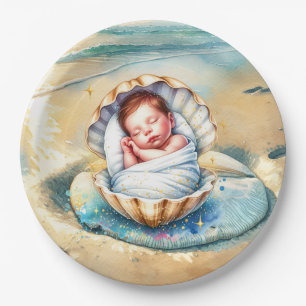 Boy's Brown and Blue Coastal Baby Shower Paper Plates