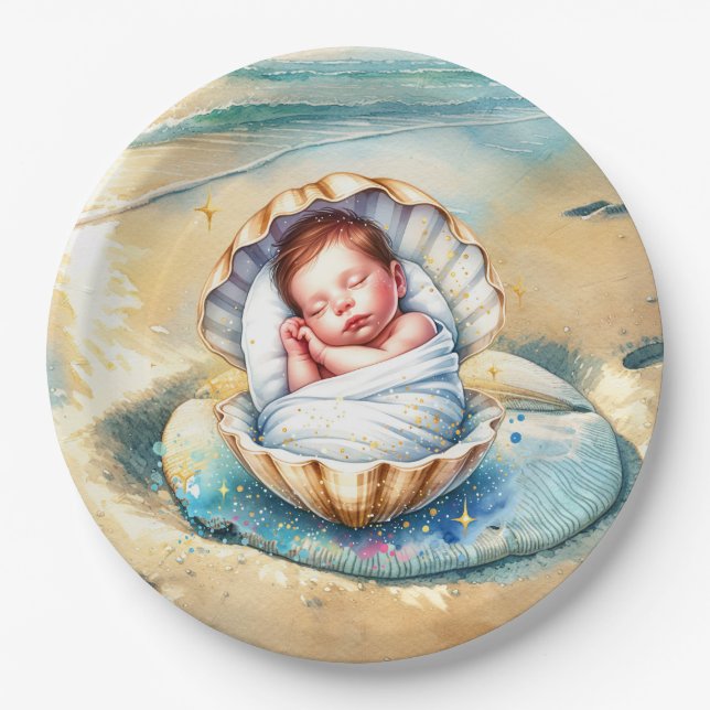 Boy's Brown and Blue Coastal Baby Shower Paper Plates (Front)
