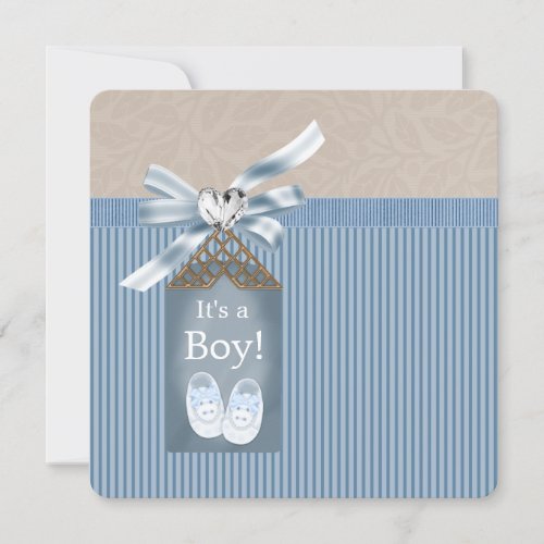Boys Brown Blue Pinstripe Baby Shower Personalized Invitations