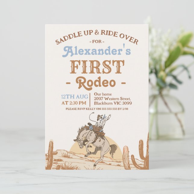 Boys Brown Bronco Cowboy First Rodeo 1st Birthday Invitation (Standing Front)