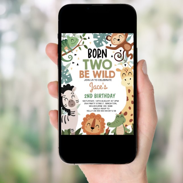 Boys Brown Green Born Two Be Wild 2nd Birthday Invitation (Front Digital)