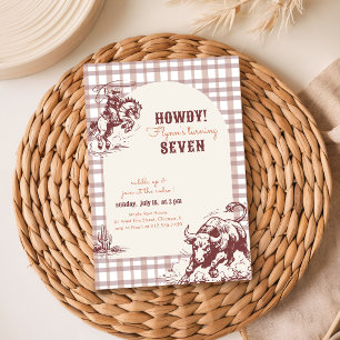 Boys Brown Plaid Cowboy Rodeo 7th Birthday Invitation