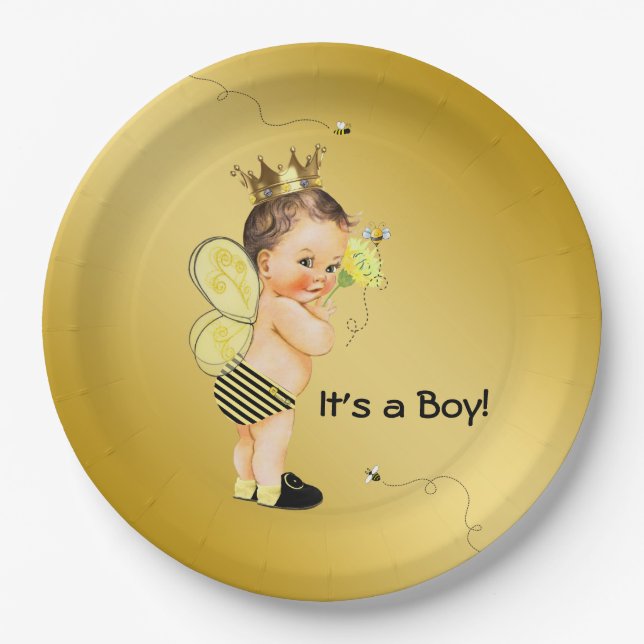 Boys Bumble Bee Baby Shower Paper Plates (Front)