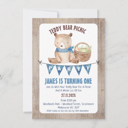 Boys Bunting Teddy Bear Picnic 1st Birthday Invitation