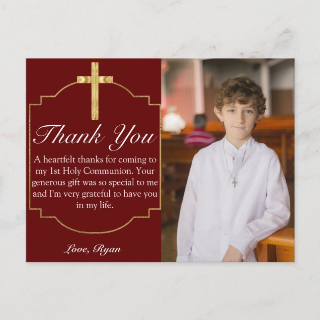 Boys Burgundy Gold Cross 1st Communion Thank You Postcard (Front)