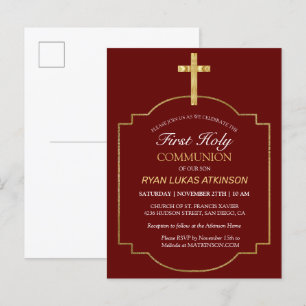 Boys Burgundy Gold Cross 1st Holy Communion Invitation Postcard