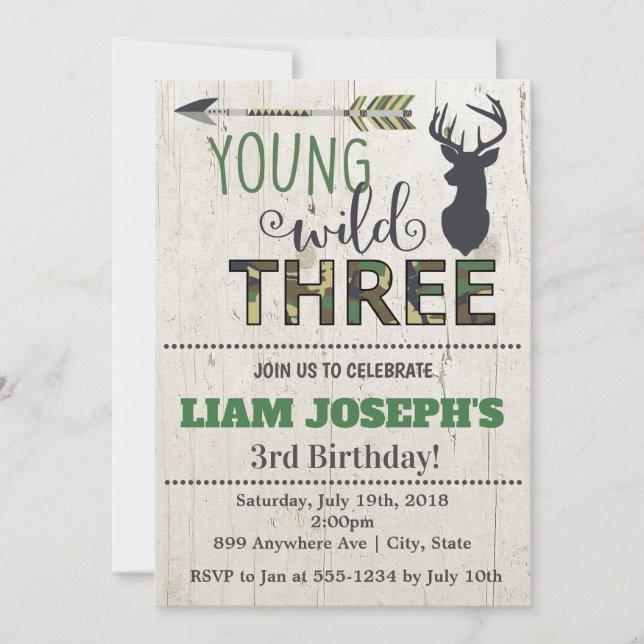 Boys Camo Deer 3rd Birthday Invitation (Front)