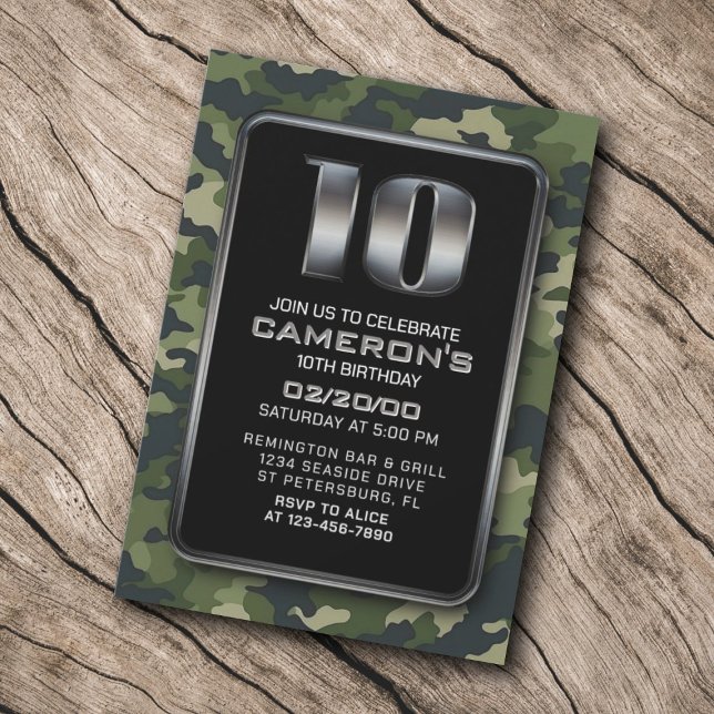 Boys Camo Hunting Army 10th Birthday Invitation (Creator Uploaded)