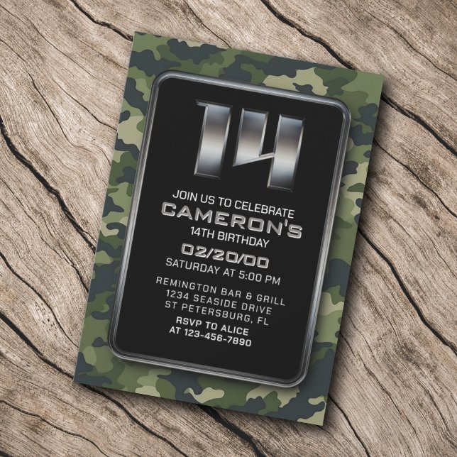 Boys Camo Hunting Army 14th Birthday Invitation (Creator Uploaded)