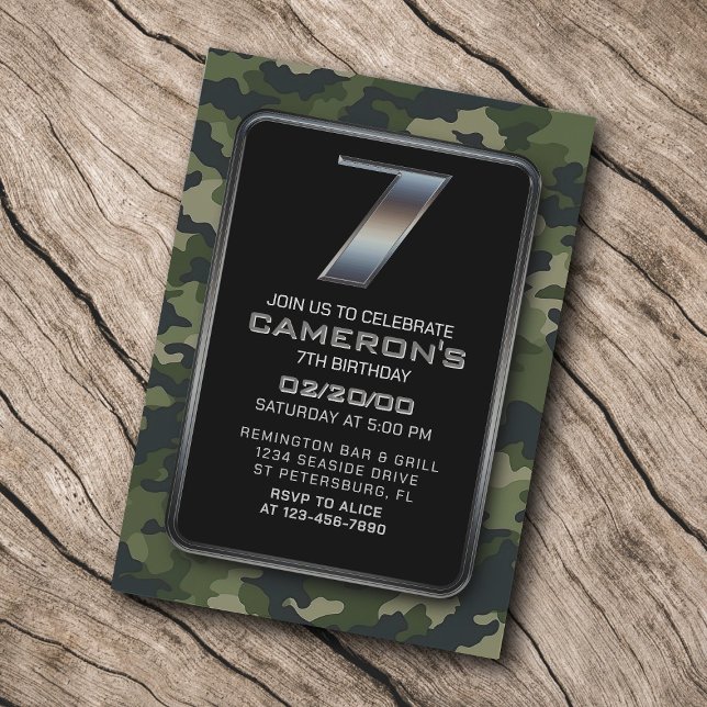 Boys Camo Hunting Army 7th Birthday Invitation (Creator Uploaded)