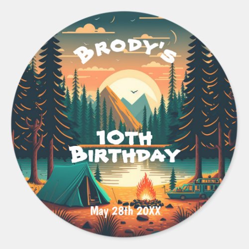 Boys camping Adventure Birthday Party Classic Round Sticker
