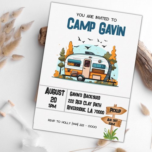 Boys Camping Adventure Birthday Slumber Party  Invitation