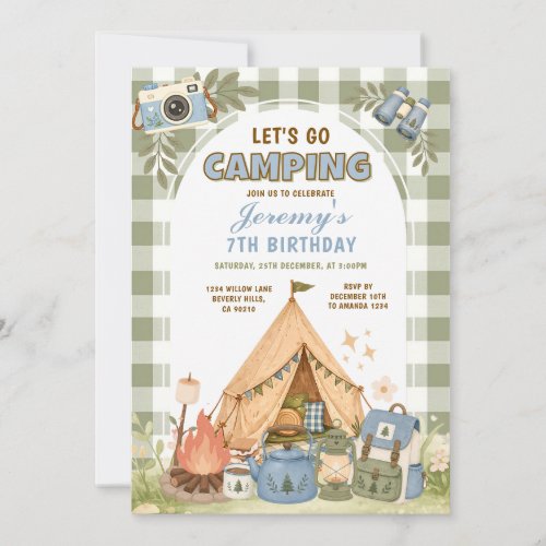 Boys Camping Birthday Blue Sage Green Adventure Invitation