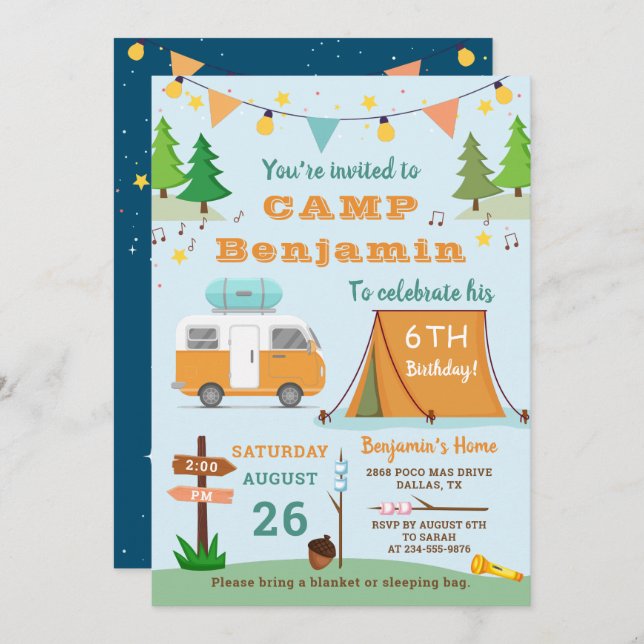 Boys Camping Birthday Outdoors Camp Out Party Invitation (Front/Back)