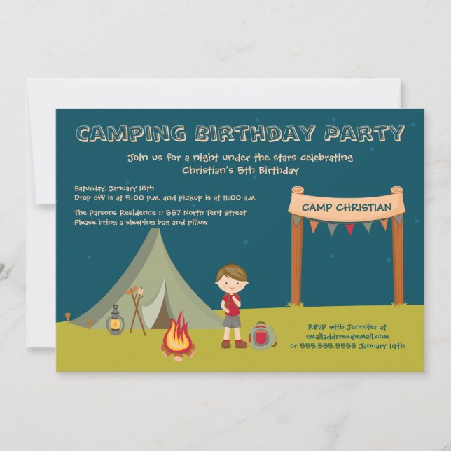 Boy's camping birthday party invitations (Front)