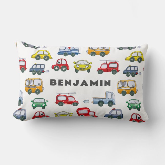 Boys Cars Cute Blue Personalized Lumbar Pillow (Front)