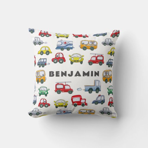 Boys Cars Cute Blue Personalized Throw Pillow