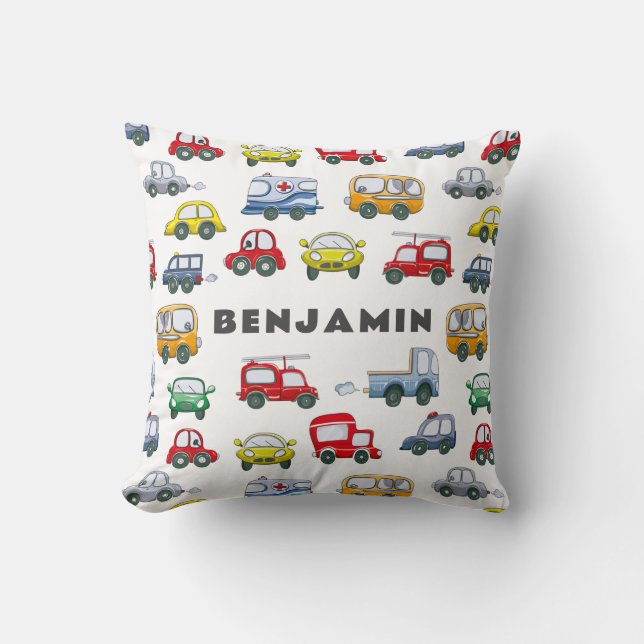 Boys Cars Cute Blue Personalized Throw Pillow (Front)