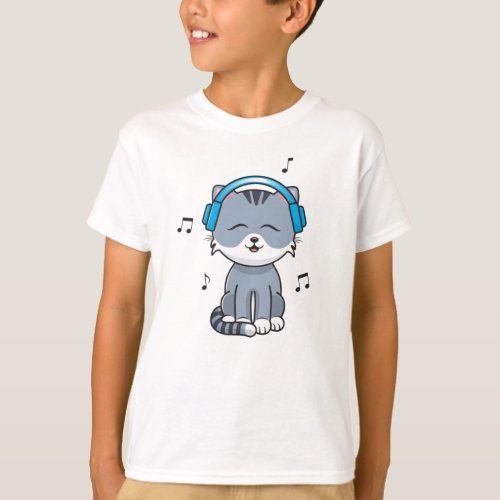 Boys Cat with Headphones T_Shirt  White