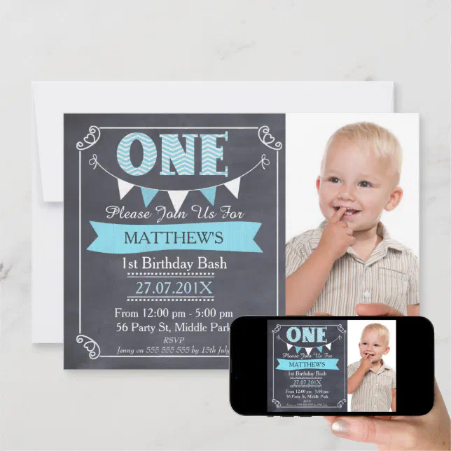 Boys Chalkboard Bunting 1st Birthday Invitation | Zazzle