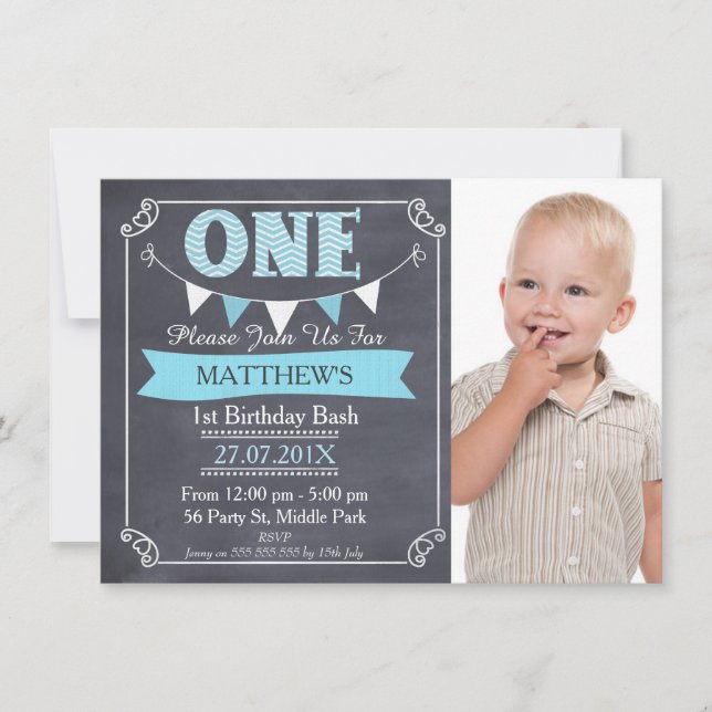 Boys Chalkboard Bunting 1st Birthday Invitation (Front)