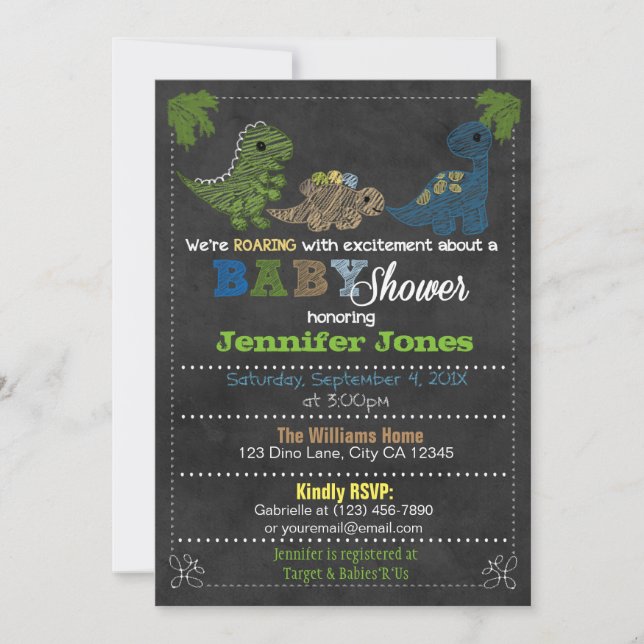 Boys Chalkboard Dinosaur Baby Shower Invitations (Front)