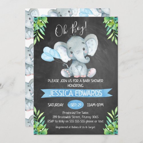 Boys Chalkboard Elephant Baby Shower Invitation - This chalkboard elephant baby shower invitation features a cute elephant and some balloons on a scanned chalkboard background.  The corners of the invitation features some green tropical foliage.  I've also included a blue banner in the design. This boy's chalkboard baby shower invitation is ready to be personalized.  For more elephant themed baby shower invitations please visit the store.
