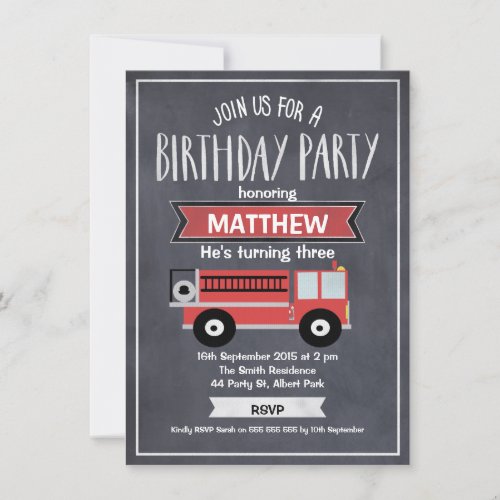 Boys Chalkboard Fire Engine Birthday Invitation