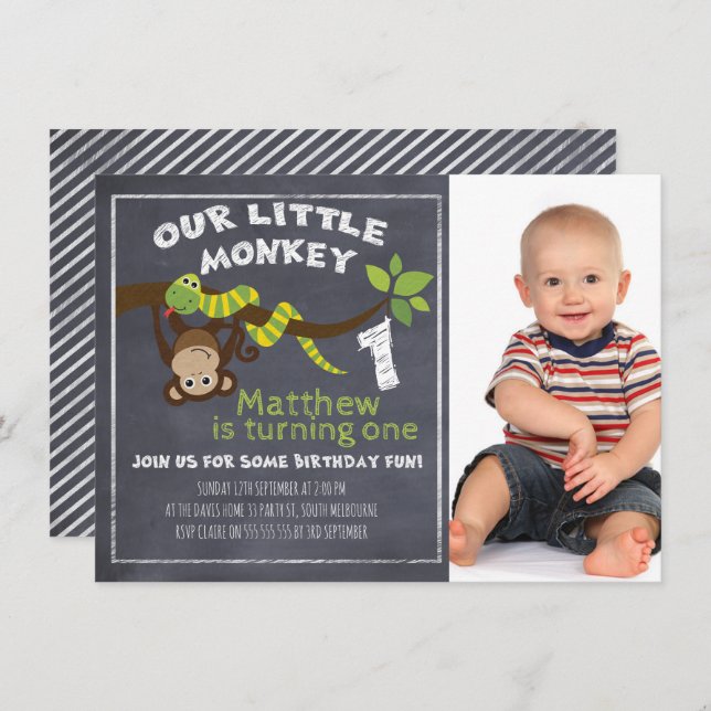 Boys Chalkboard Monkey 1st Birthday Invitation (Front/Back)