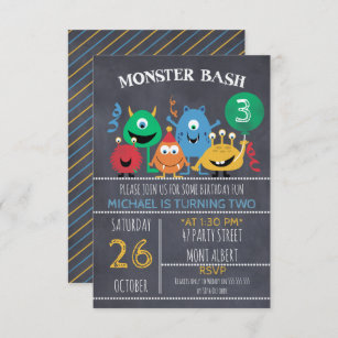 Boys Chalkboard Monster Bash Birthday Invitation