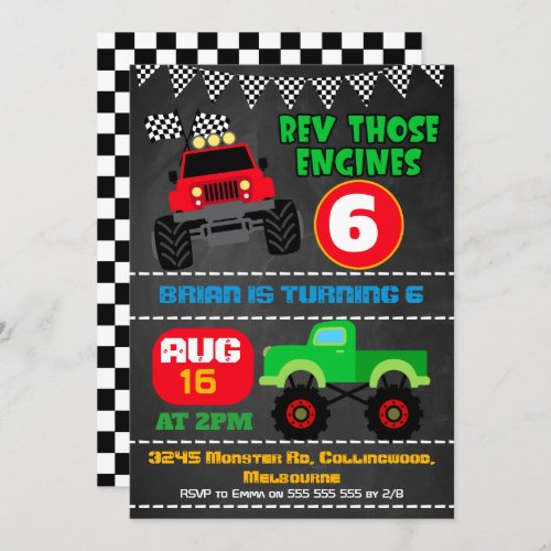 Boys chalkboard monster trucks birthday invitation