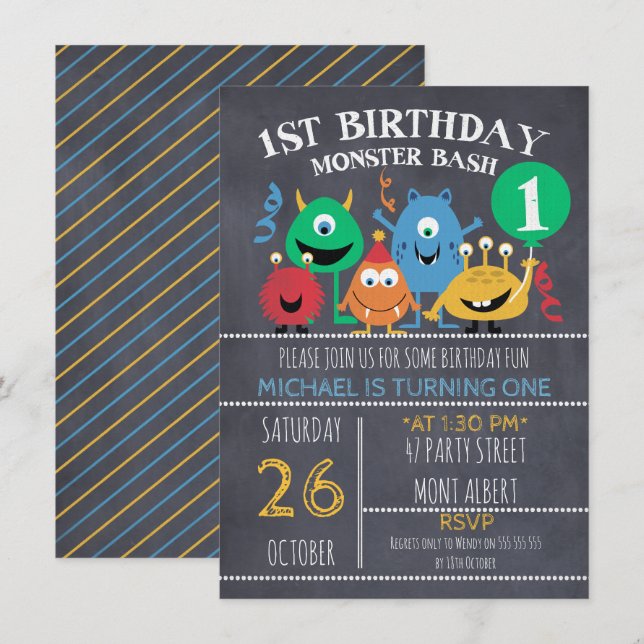 Boys Chalkboard Monsters 1st Birthday Invitation (Front/Back)