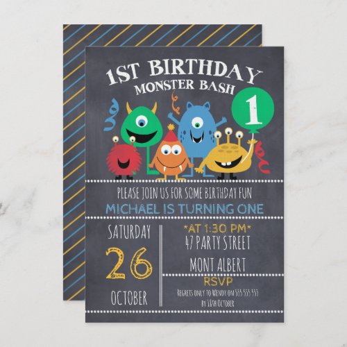 Boys Chalkboard Monsters 1st Birthday Invitation