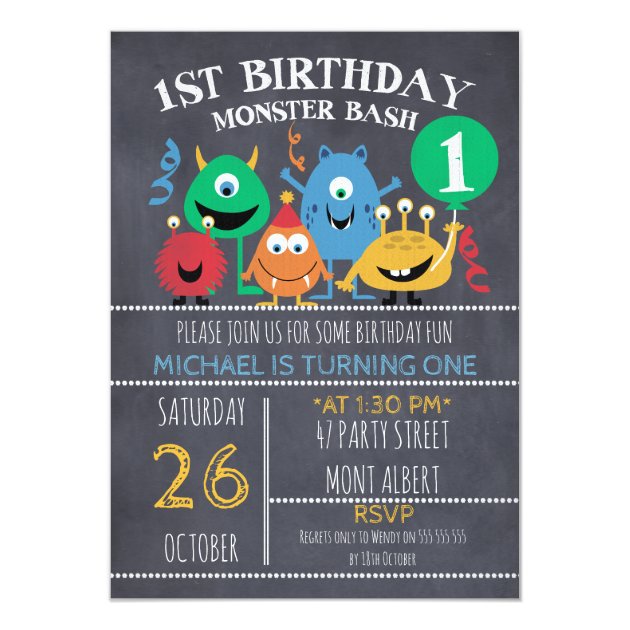 Boys Chalkboard Monsters 1st Birthday Invitation