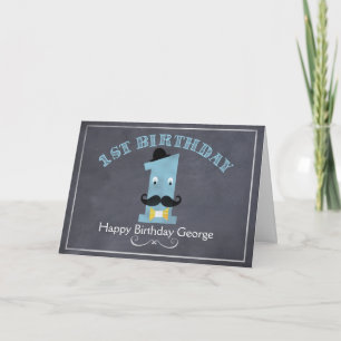 Boys Chalkboard Mustache 1st Birthday Card