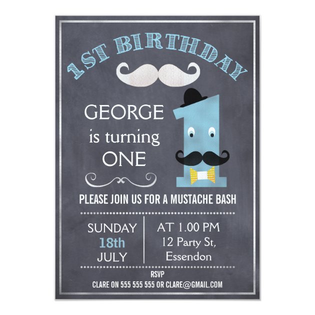 Boys Chalkboard Mustache 1st Birthday Invitation