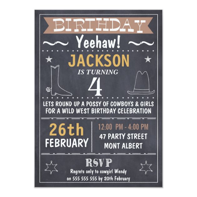 Boys Chalkboard Wild West Birthday Invitation