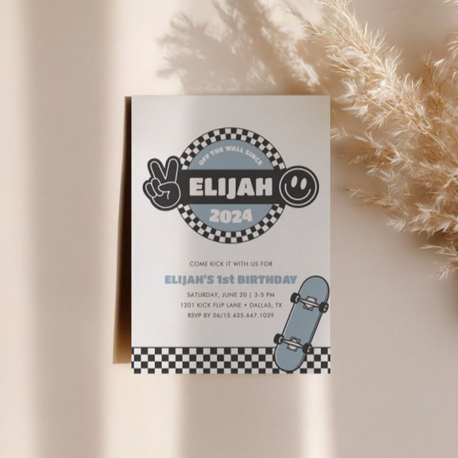 Boys' Checkered Skateboard Groovy Hippie Birthday Invitation (Creator Uploaded)