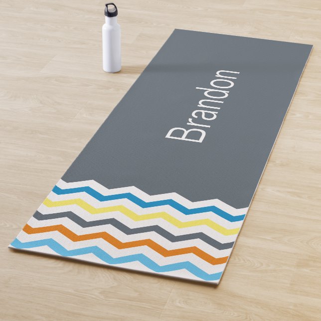 Boys Chevron Gray Blue Orange Pattern Personalized Yoga Mat (In Situ)