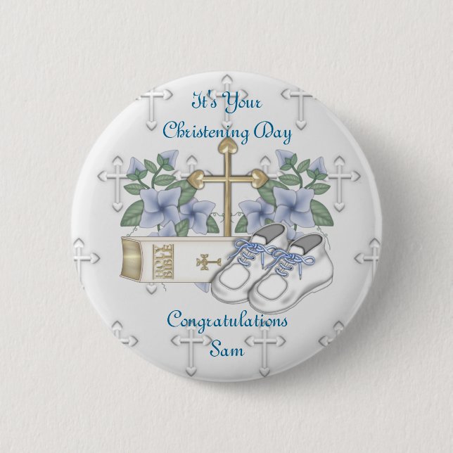 Boys Christening Shoes Pinback Button (Front)
