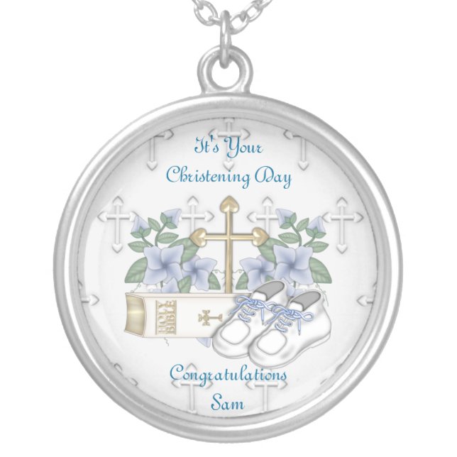Boys Christening Shoes Silver Plated Necklace (Front)