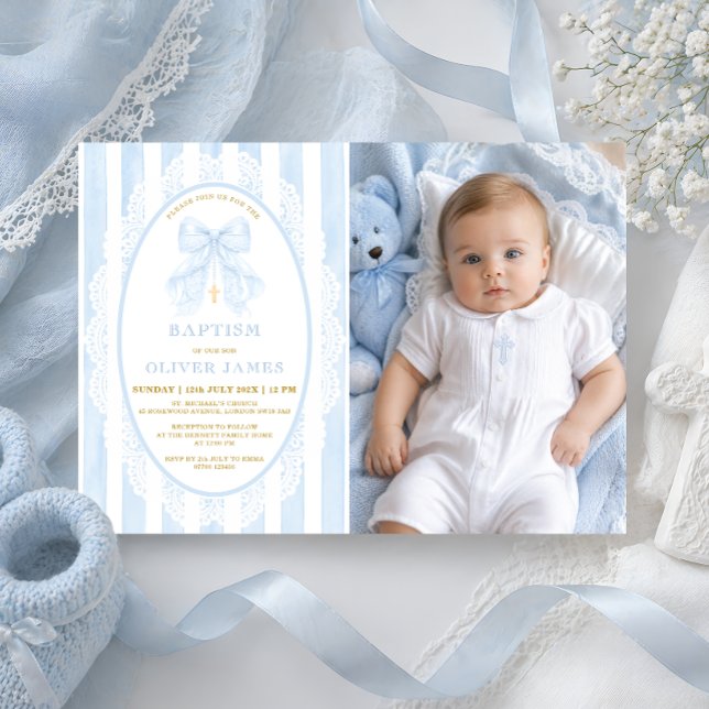 Boy's Christian Baptism Blue Bow Photo Invitation (Creator Uploaded)