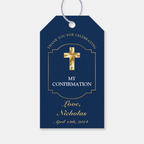 Boys Classic Navy Blue Gold Confirmation Thank You Gift Tags