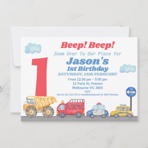 Boys Coloful Transport 1st Birthday Party Invitation