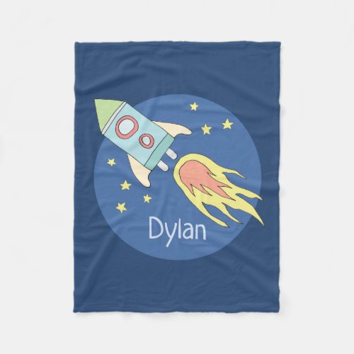 Boys Colorful Blue Rocket Ship Space Galaxy Kids Fleece Blanket