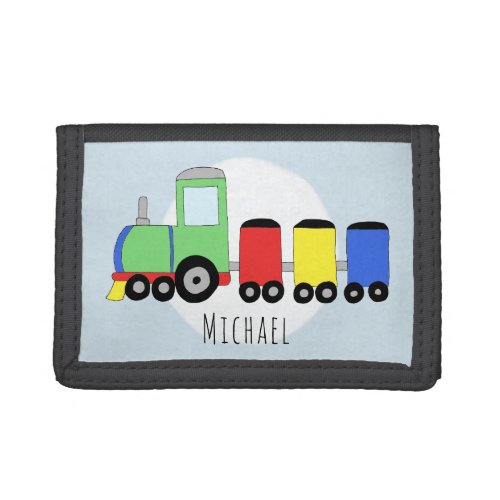 Boys Colorful Doodle Locomotive Train with Name Trifold Wallet