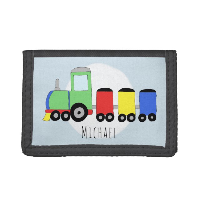 Boy's Colorful Doodle Locomotive Train with Name Trifold Wallet (Front)