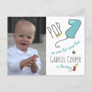 Boys Colorful Hand Drawn First Birthday Balloon Announcement Postcard