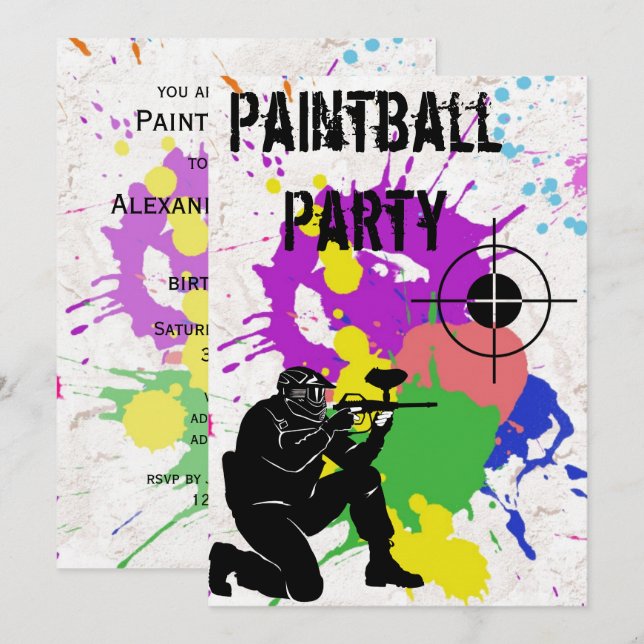 Boys Colorful Paintball 10th Birthday Party Invitation (Front/Back)