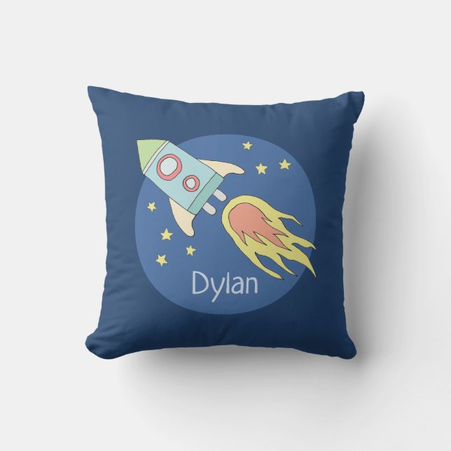 Boys Colorful Rocket Ship Space and Name Kids Throw Pillow (Front)